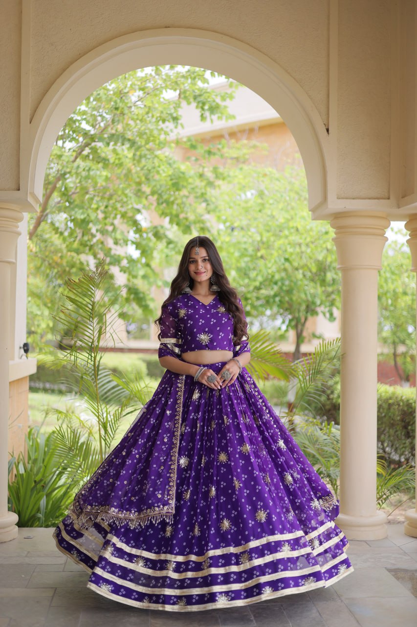 Bandhej Print Sequins Zari Work Lehenga Set