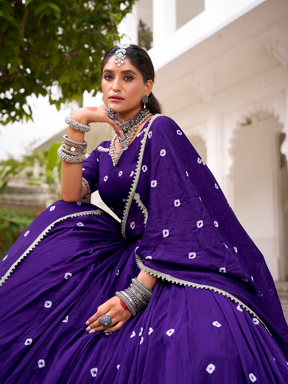 Purple chanderi bandhej print chaniya choli with lace work 6 meter flair
