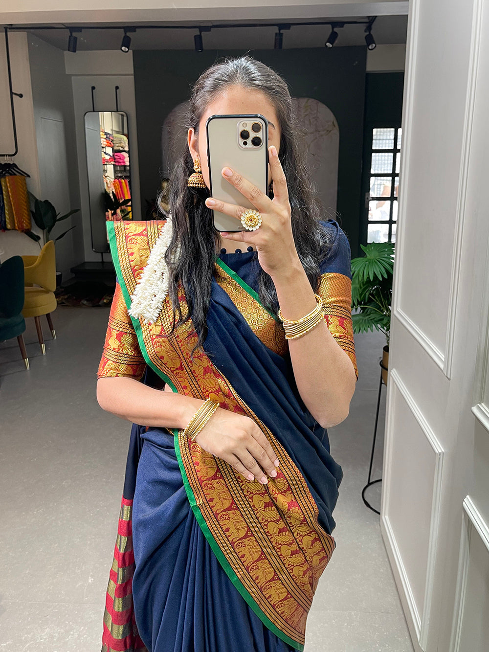 Navy Blue Color Zari Weaving Work Narayan Pet Saree