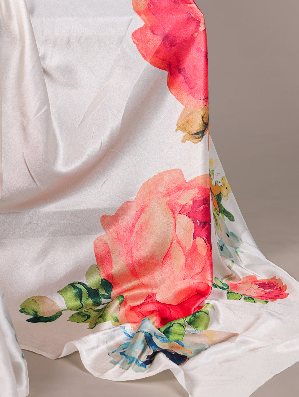 White floral printed satin silk saree with firozi banglory blouse