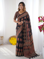 Black modal silk saree with elephant motif ajrakh print heritage designer pallu traditional festive wear saree mameraa