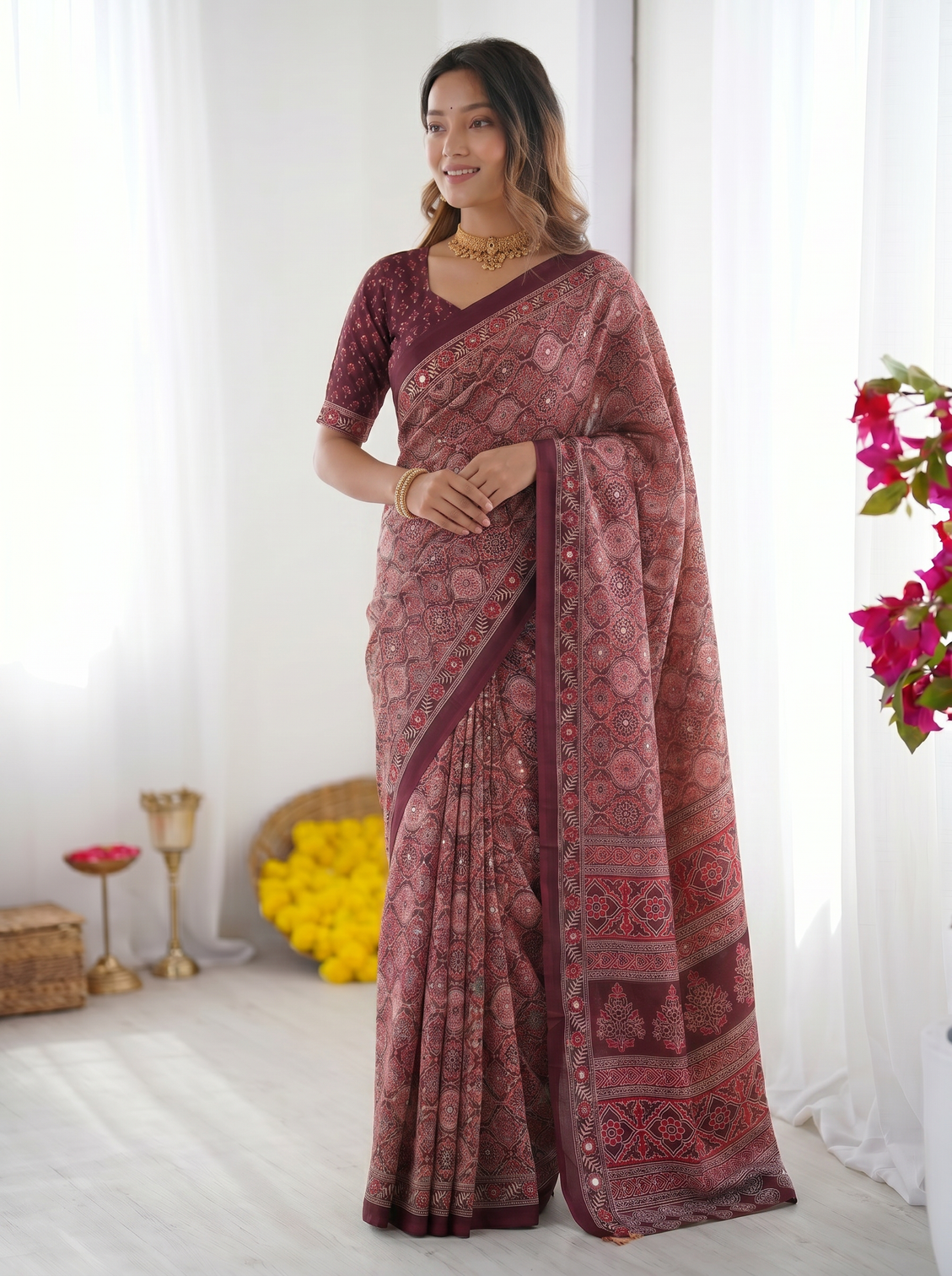 Dusty mauve modal silk saree with intricate heritage geometric prints traditional designer border rich artistic pallu