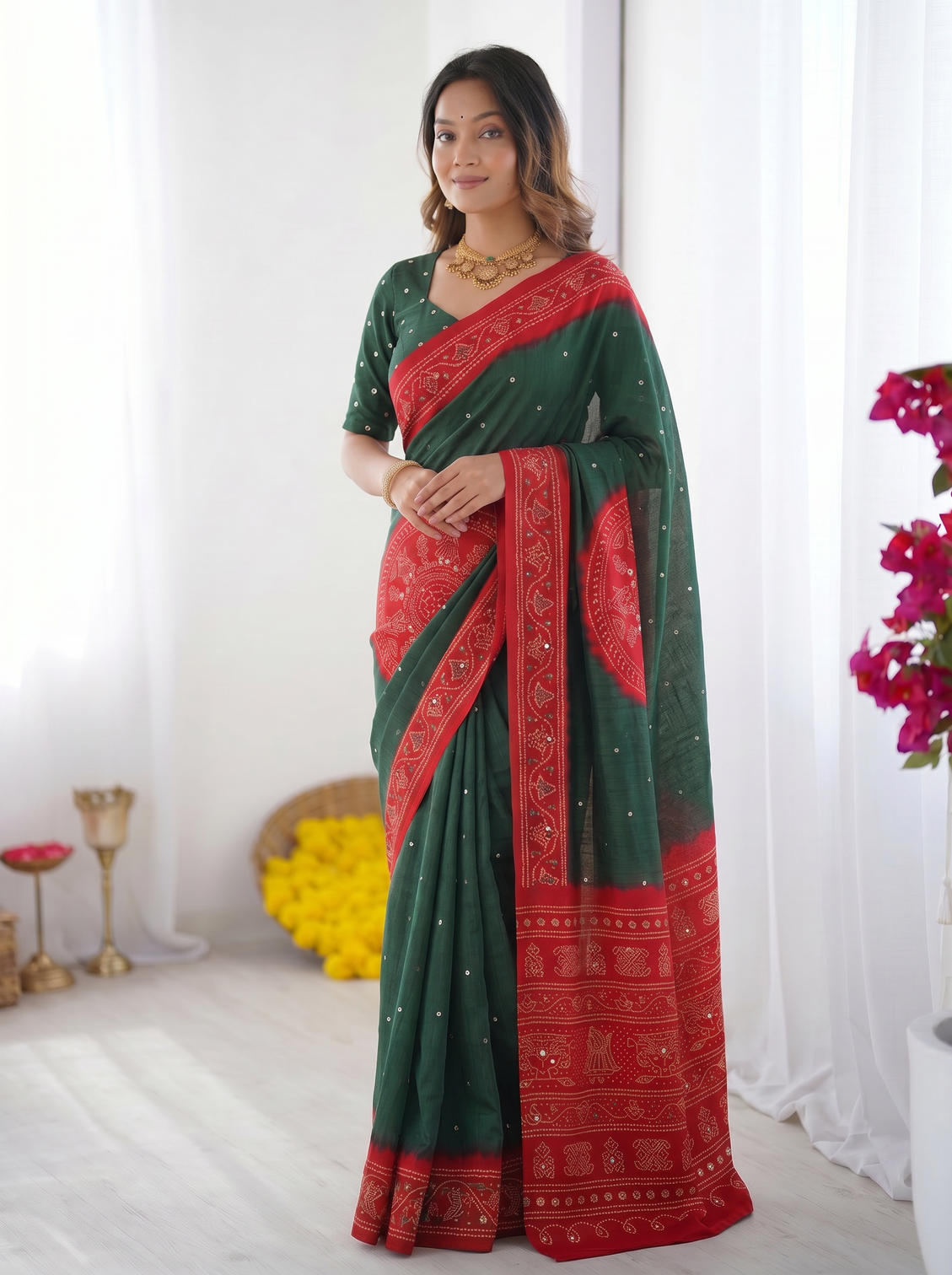 Bottle green ruby red bandhani inspired cotton silk saree with traditional folk print border designer pallu