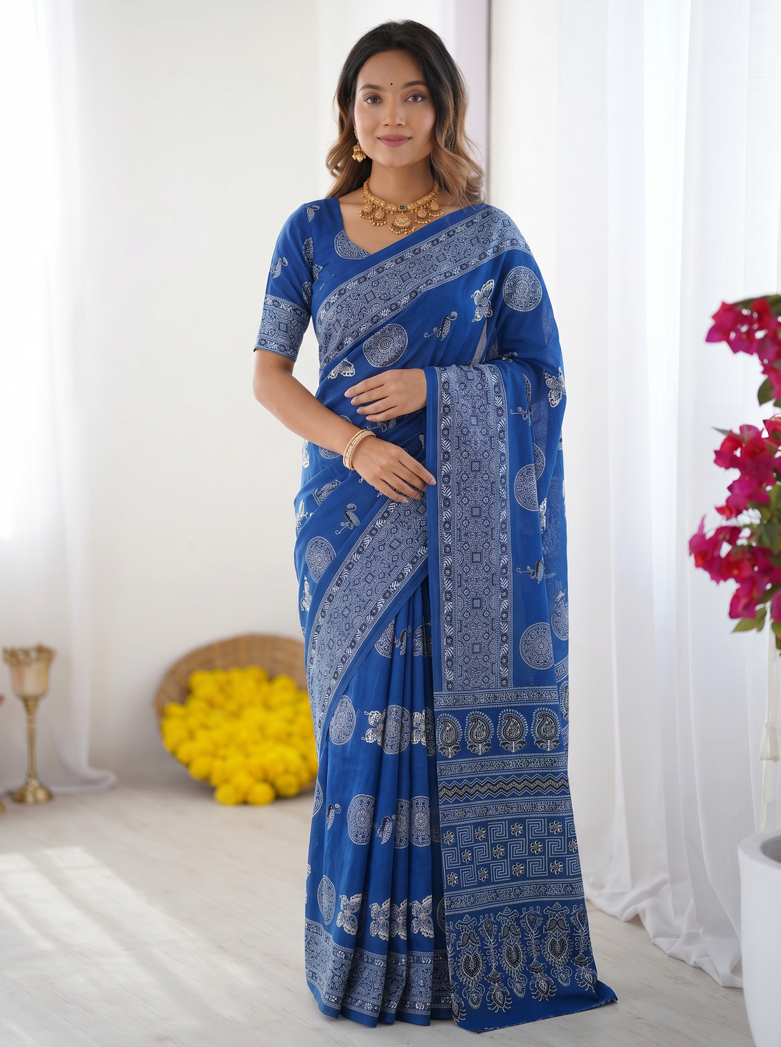 Royal blue modal silk saree with paisley circular motif print designer heritage pallu saree for festive wear mameraa