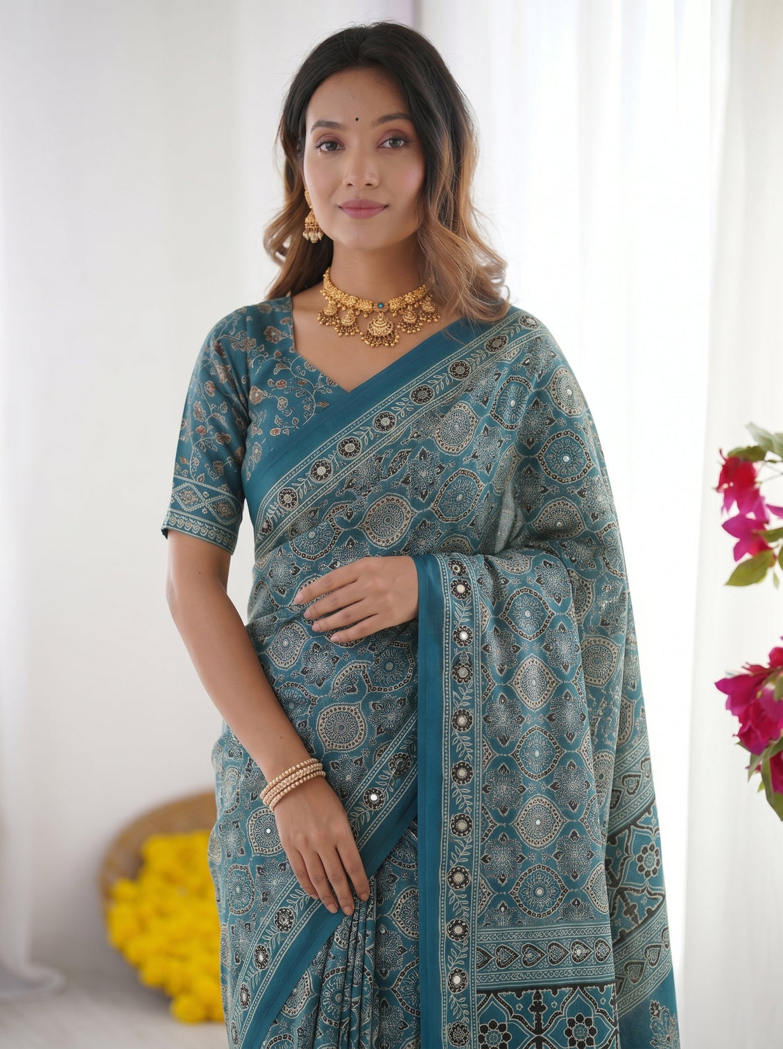 Teal blue modal silk saree with heritage geometric motifs intricate printed border traditional designer pallu