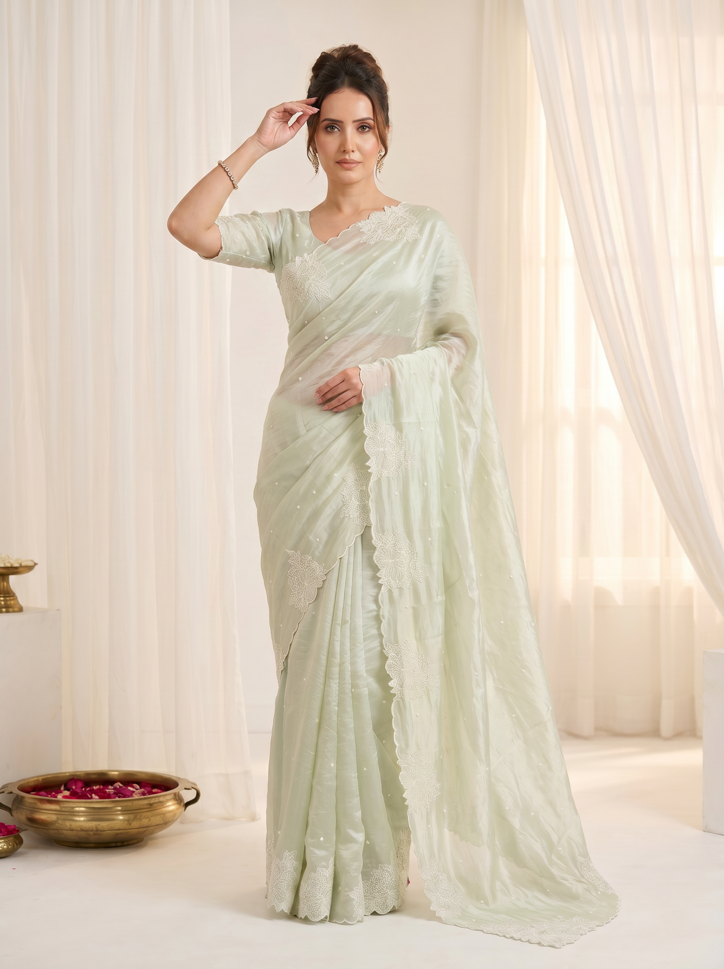 Pista Pure Raspberry Crush Silk Saree with Lucknowi Embroidery