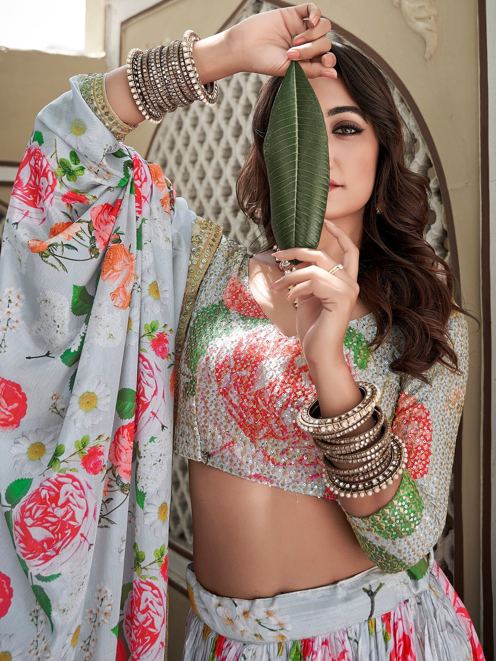 Sky Blue Color Digital Print With Sequins Embroidery Work Crushed Chinon Lehenga Choli
