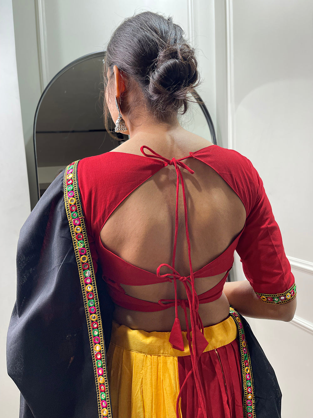 Red Color Gamthi And Mirror Work Chaniya Choli