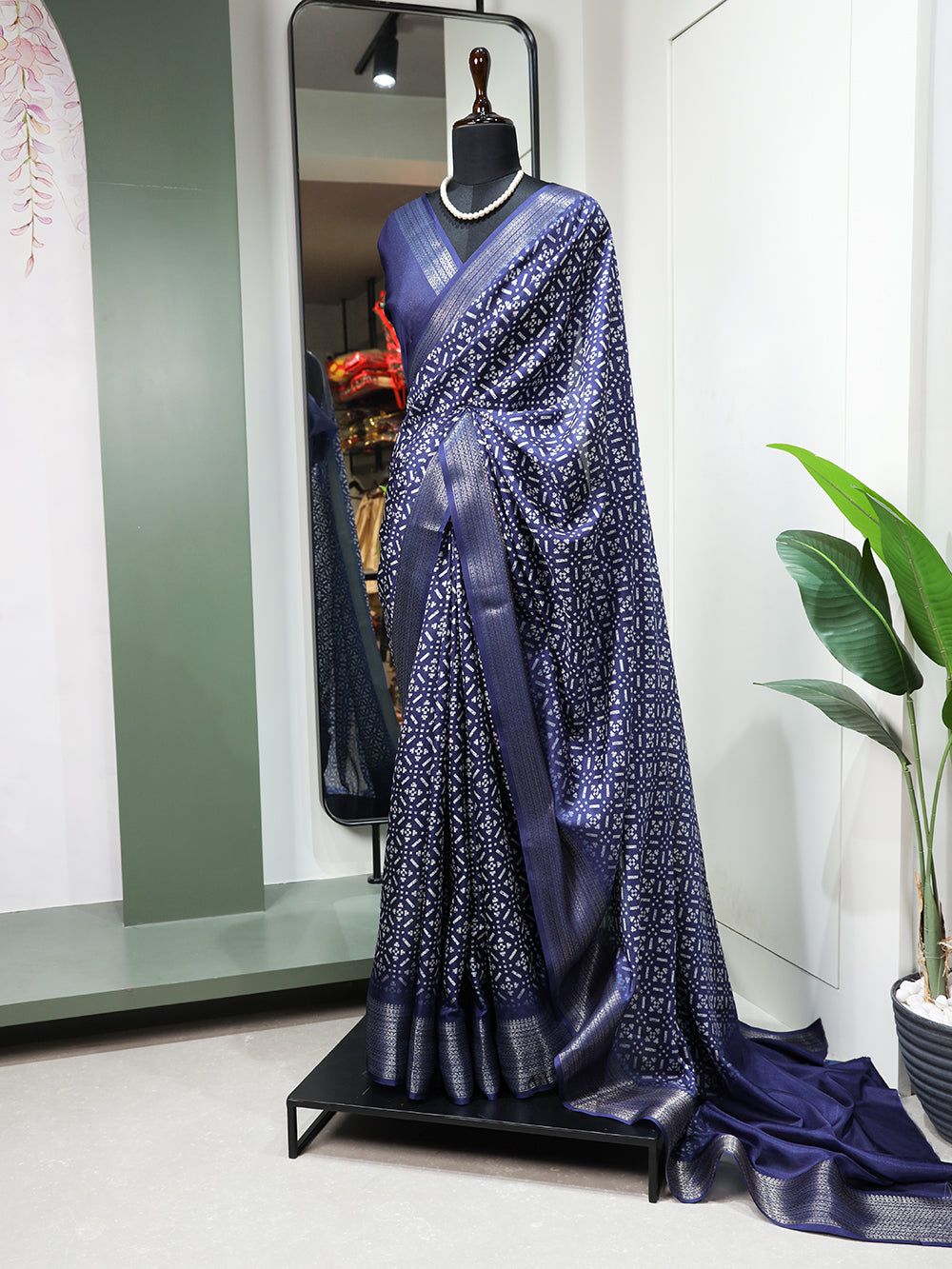 Navy Blue Color Printed With Zari Border Dola Silk Saree