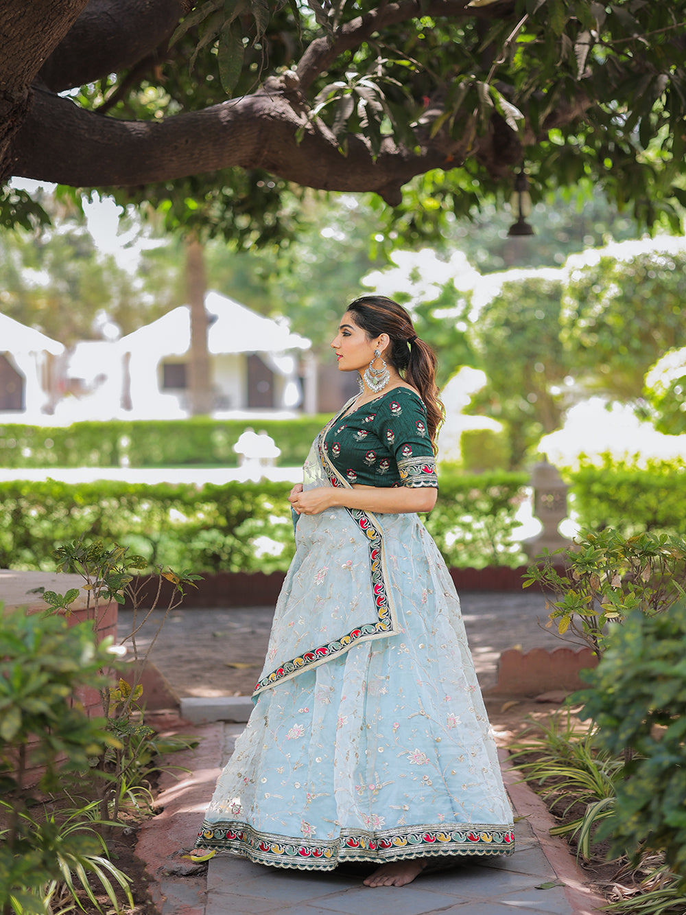 Sky Blue Color Thread Embroidery Work With Lace Border Organza Lehenga Choli