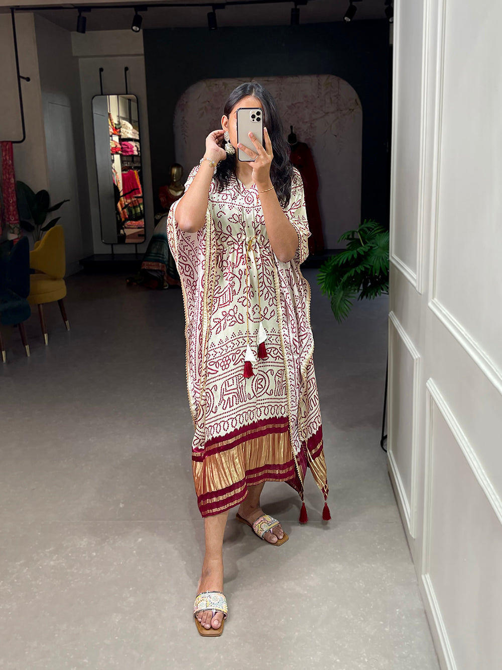 White Color Bandhej Print With Gotta Patti Lace Border Gaji Silk Kaftan