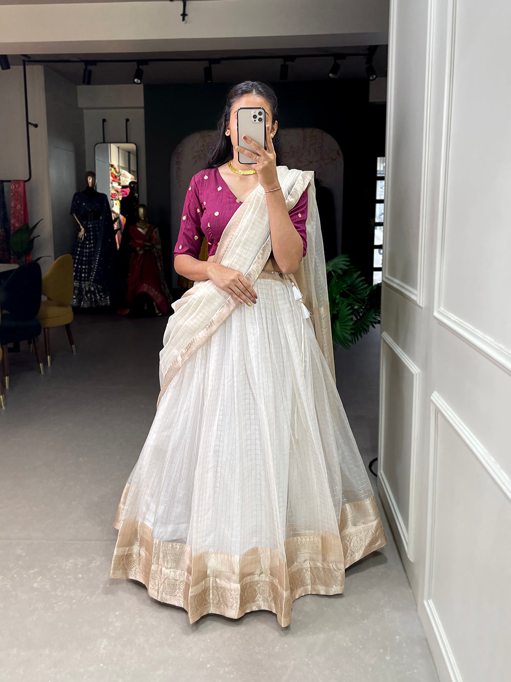White Color Zari Weaving Work Organza Lehenga Choli