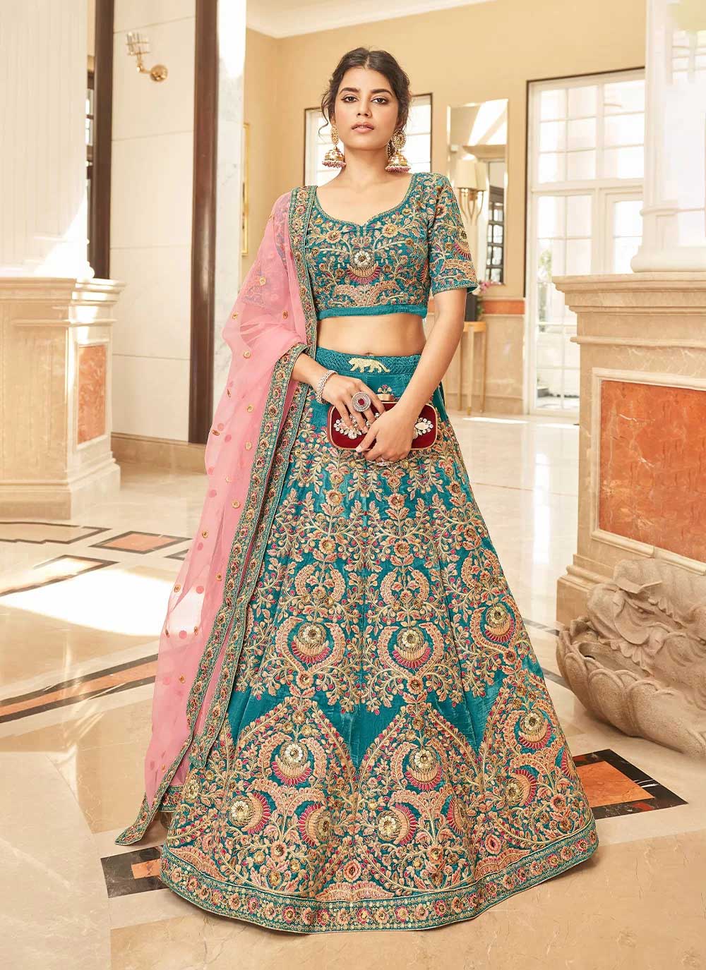 Beautiful blue digital printed organza reception wear lehenga choli