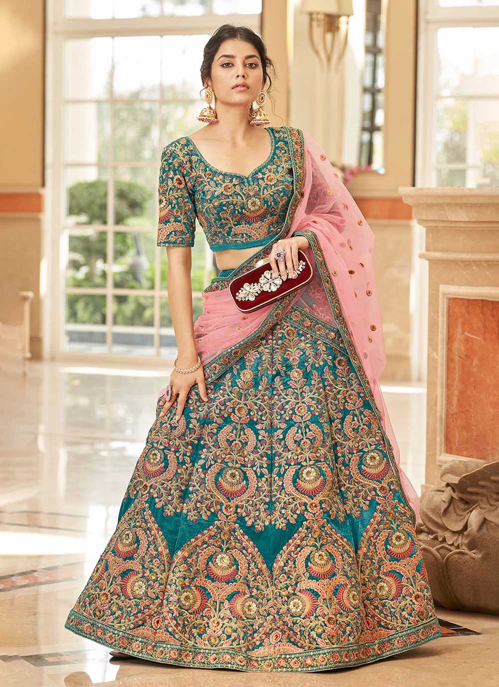Beautiful blue digital printed organza reception wear lehenga choli
