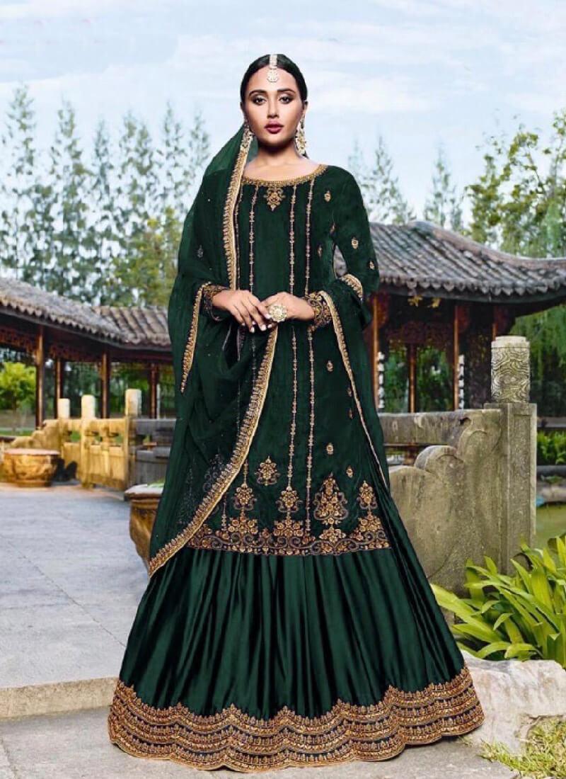 Beautiful Bottle Green Color Velvet Base Embroidered Lehenga Suit