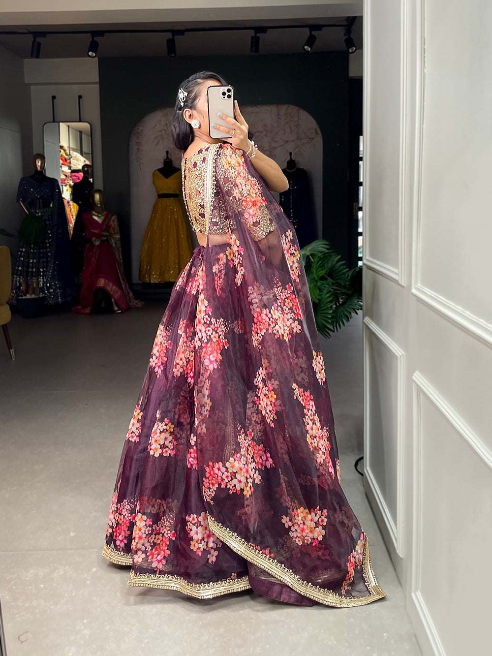 Wine Color Printed And Sequins Embroidery Lace Border Organza Lehenga Choli