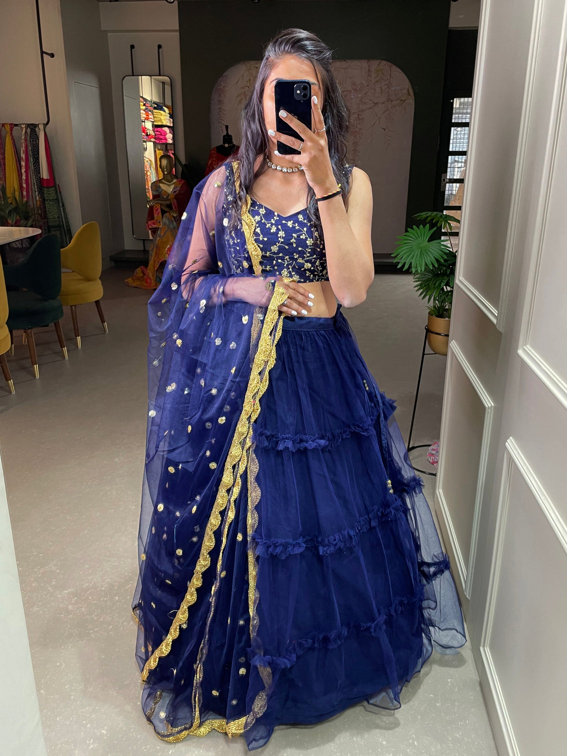Navy Blue Color Plain net Lehenga Choli