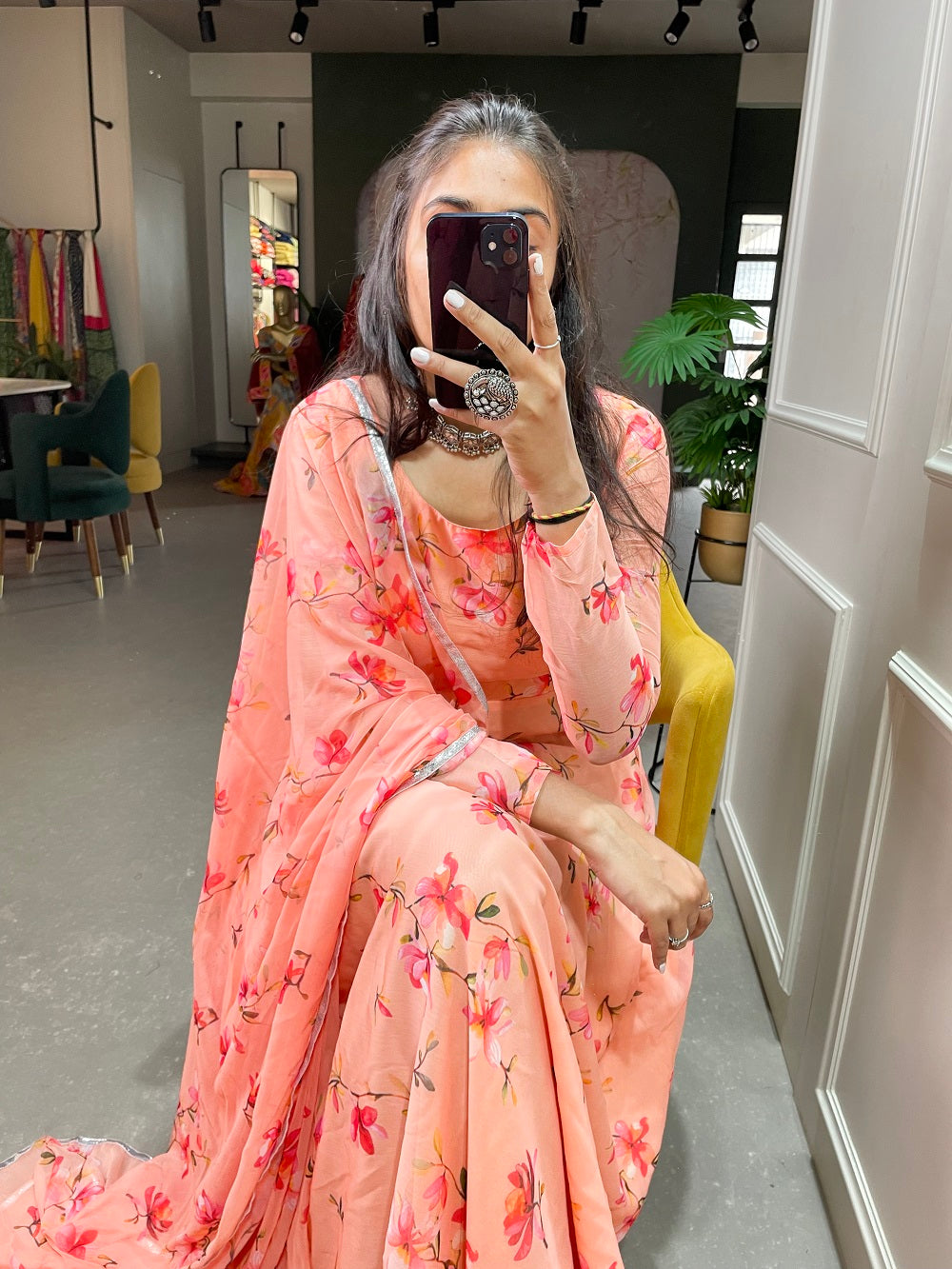 Peach Color Floral Printed Anarkali Style Chiffon Kurti