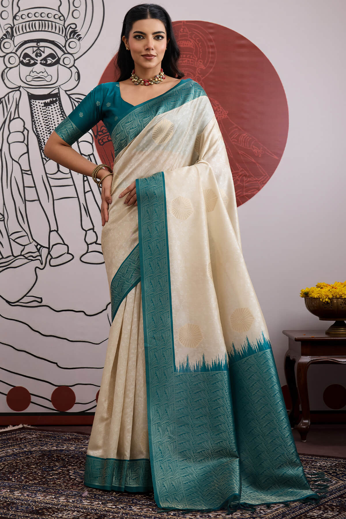 Fancifull Beige and Rama Pure Zari Weaving Banarasi Paper Silk Saree With Embrocation Blouse Piece