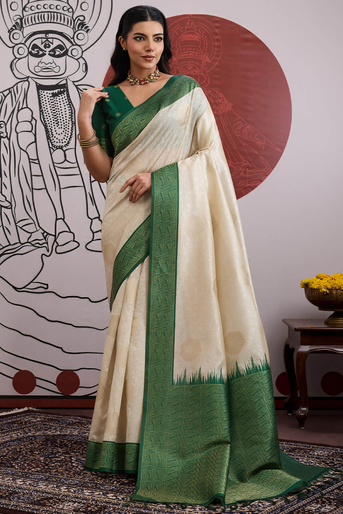 Mesmerising Beige and Green Pure Zari Weaving Banarasi Paper Silk Saree With Ethereal Blouse Piece