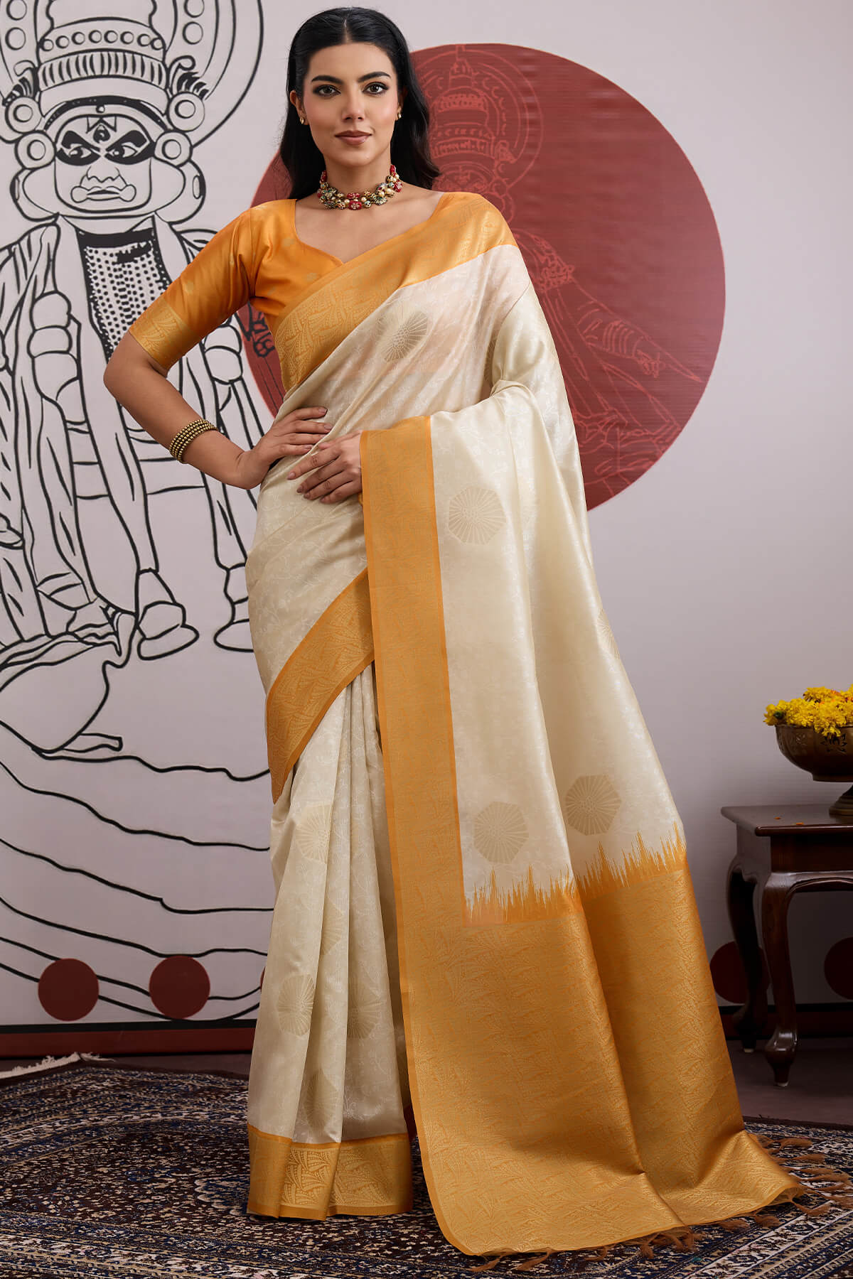 Eloquence Beige and Mustard Pure Zari Weaving Banarasi Paper Silk Saree With Serendipity Blouse Piece