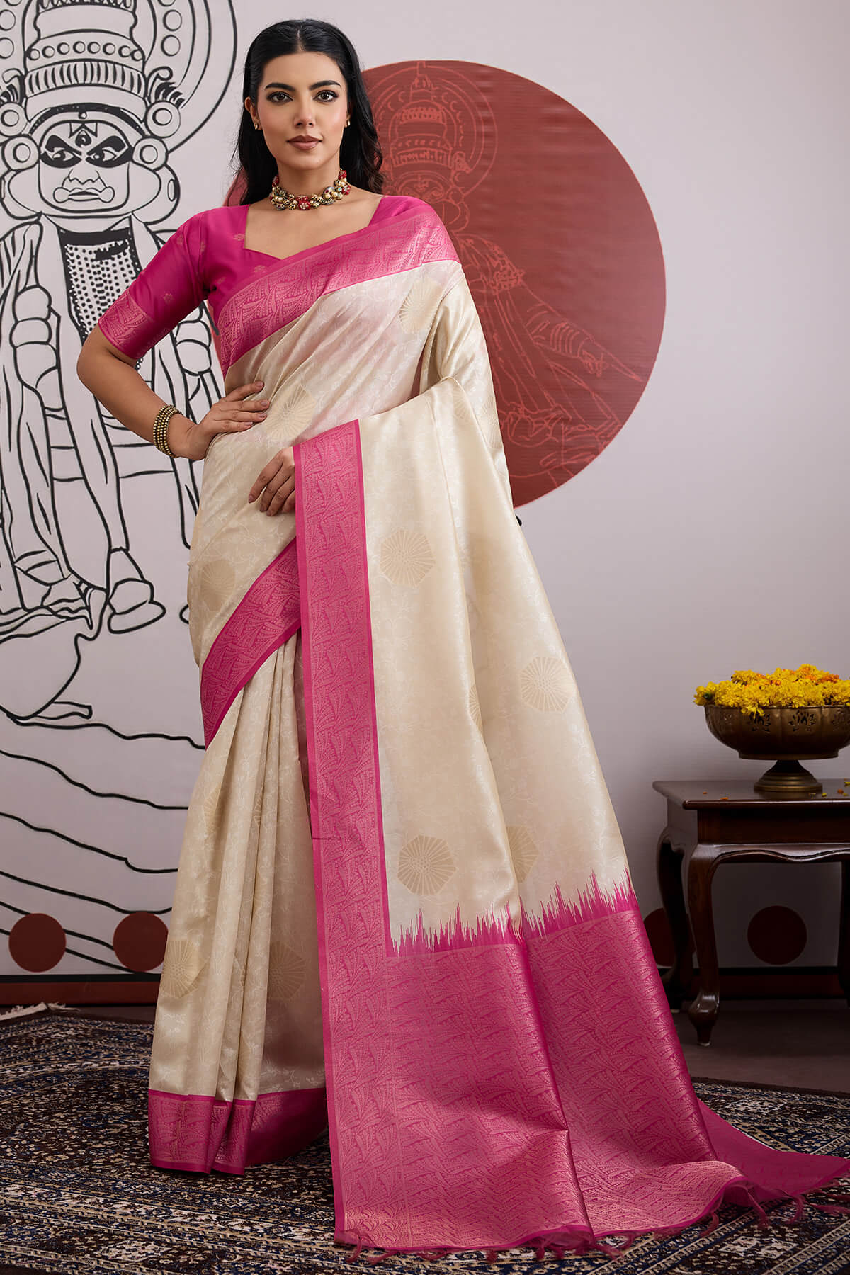 Imbrication Beige and Pink Pure Zari Weaving Banarasi Paper Silk Saree With Classy Blouse Piece