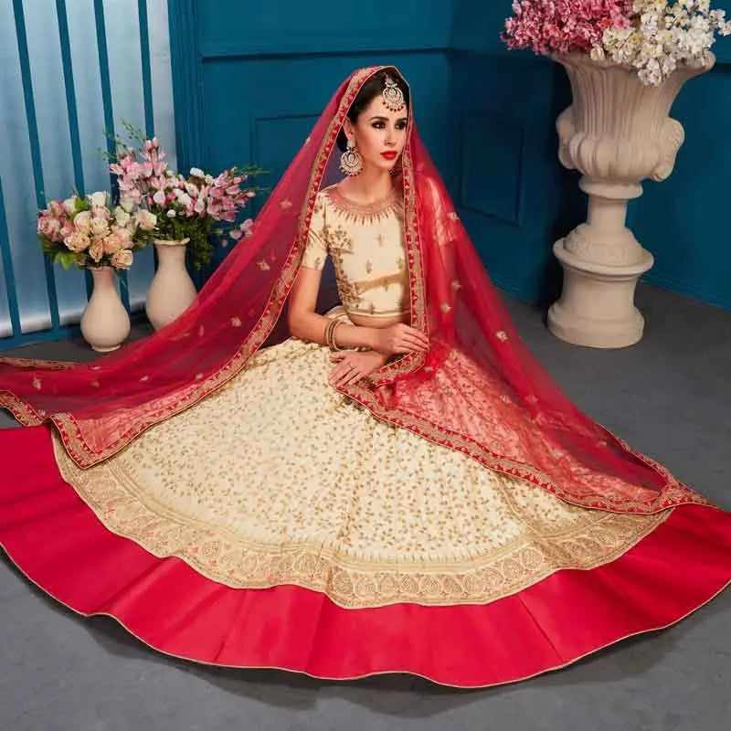 Beige and pink color satin lehenga choli