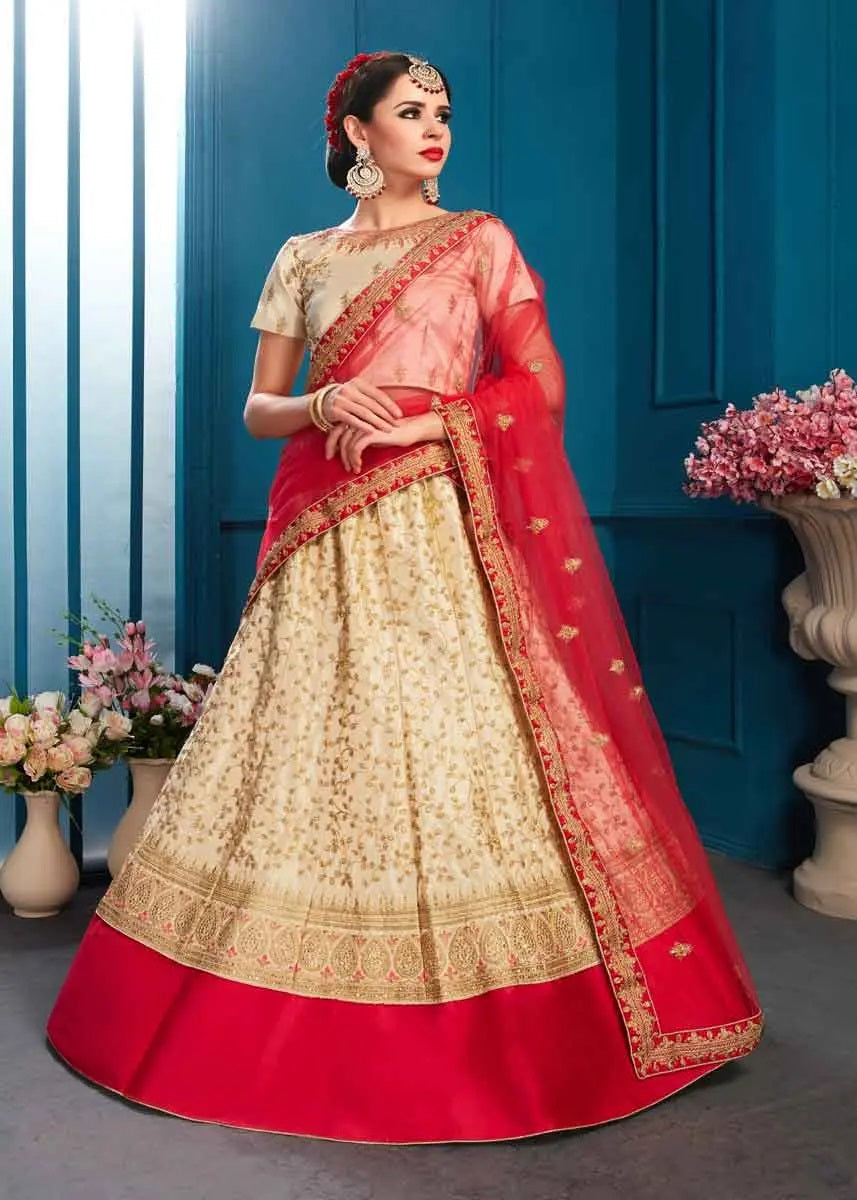 Beige and pink color satin lehenga choli