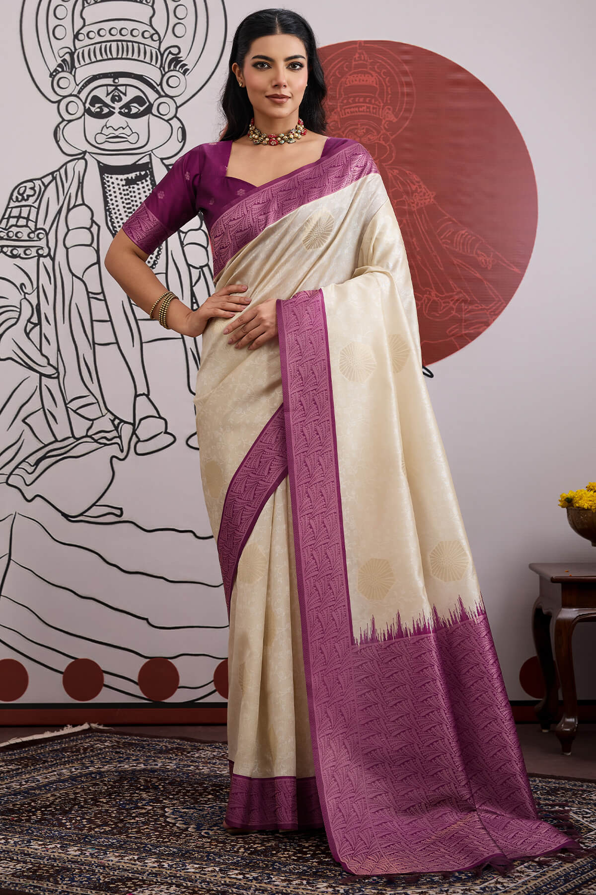 Desirable Beige and Purple Pure Zari Weaving Banarasi Paper Silk Saree With Sumptuous Blouse Piece