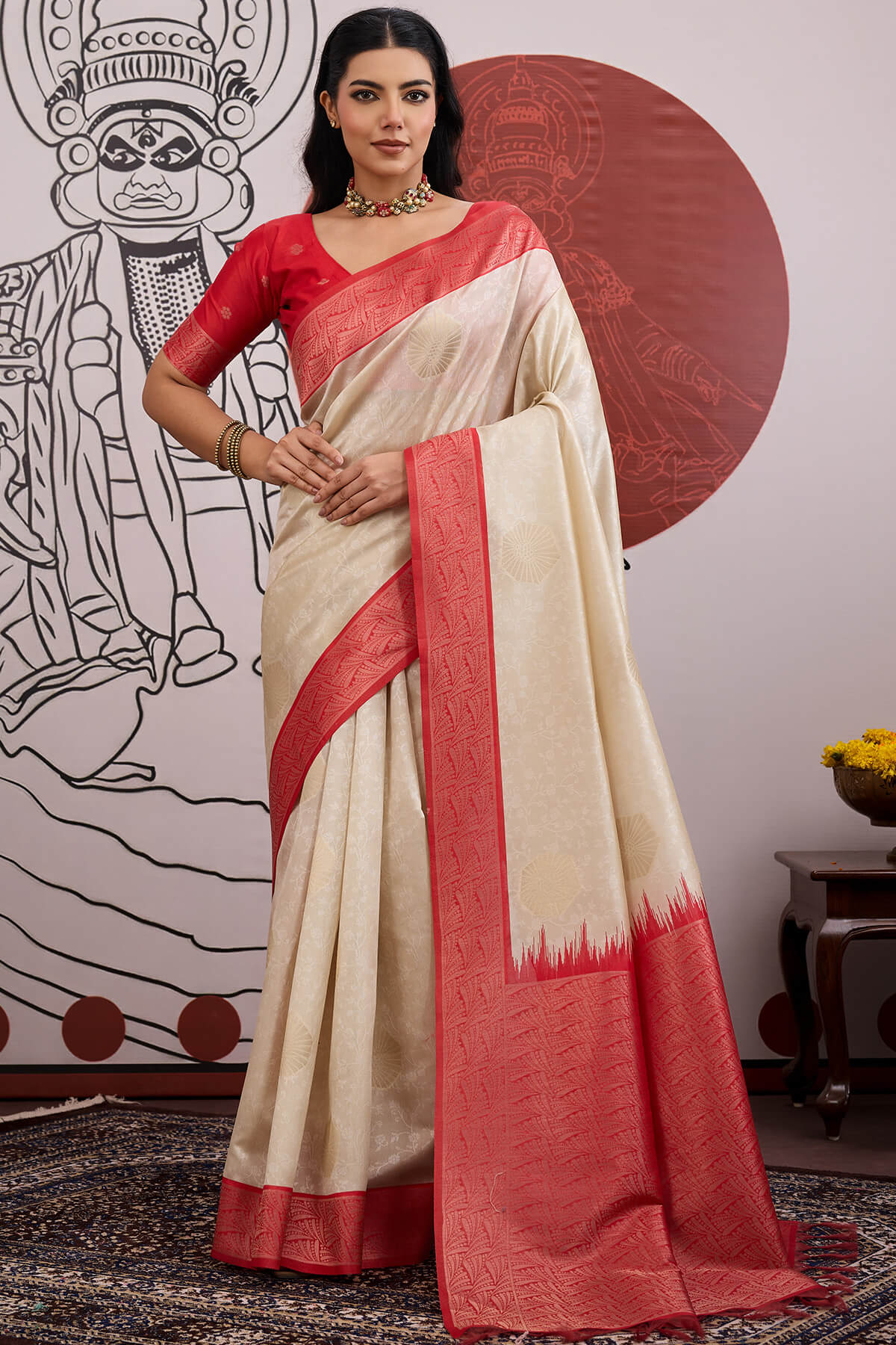 Evanescent Beige and Red Pure Zari Weaving Banarasi Paper Silk Saree With Panoply Blouse Piece