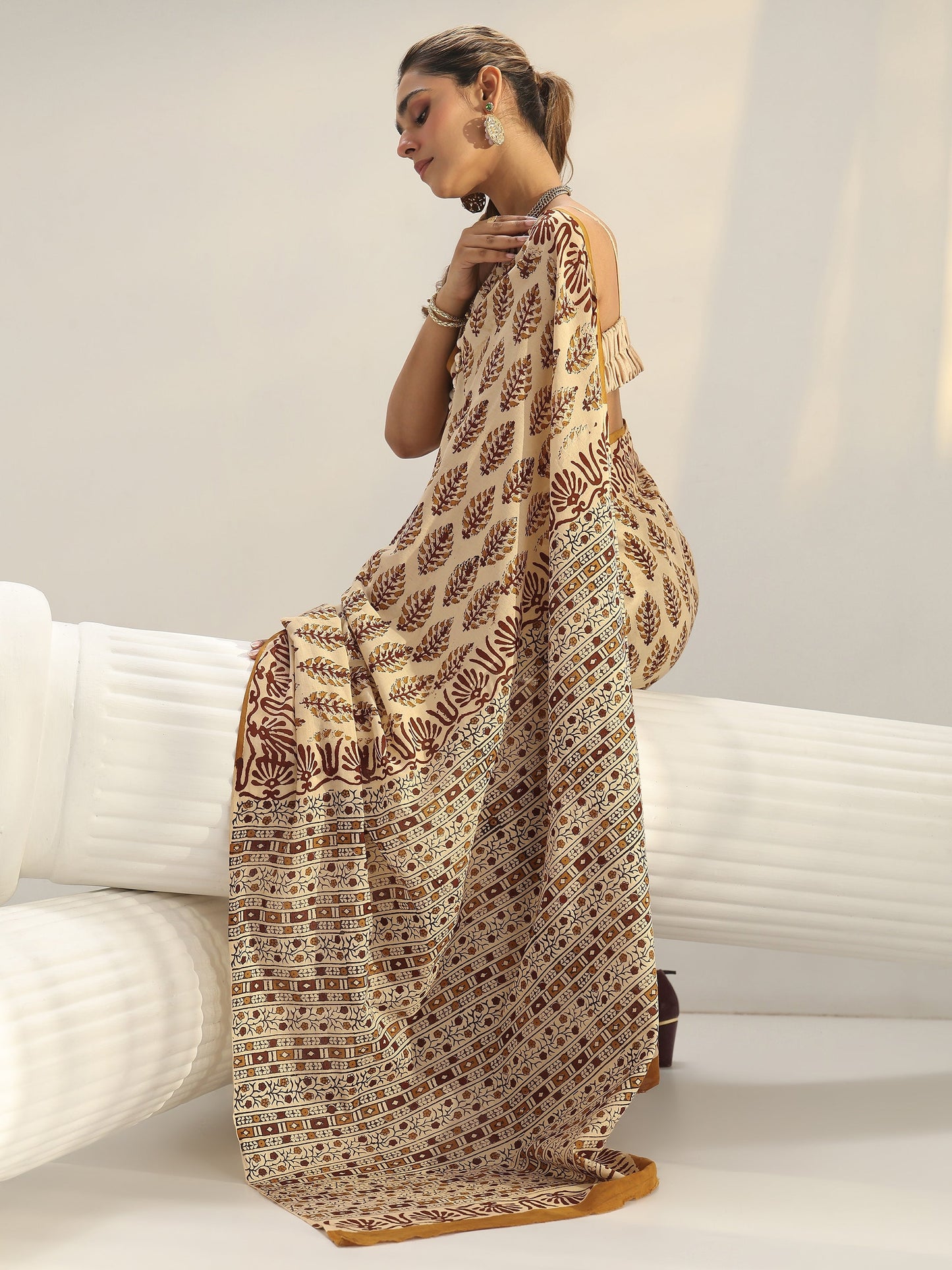 Libas Beige Block Print Cotton Saree