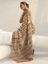 Libas Beige Block Print Cotton Saree