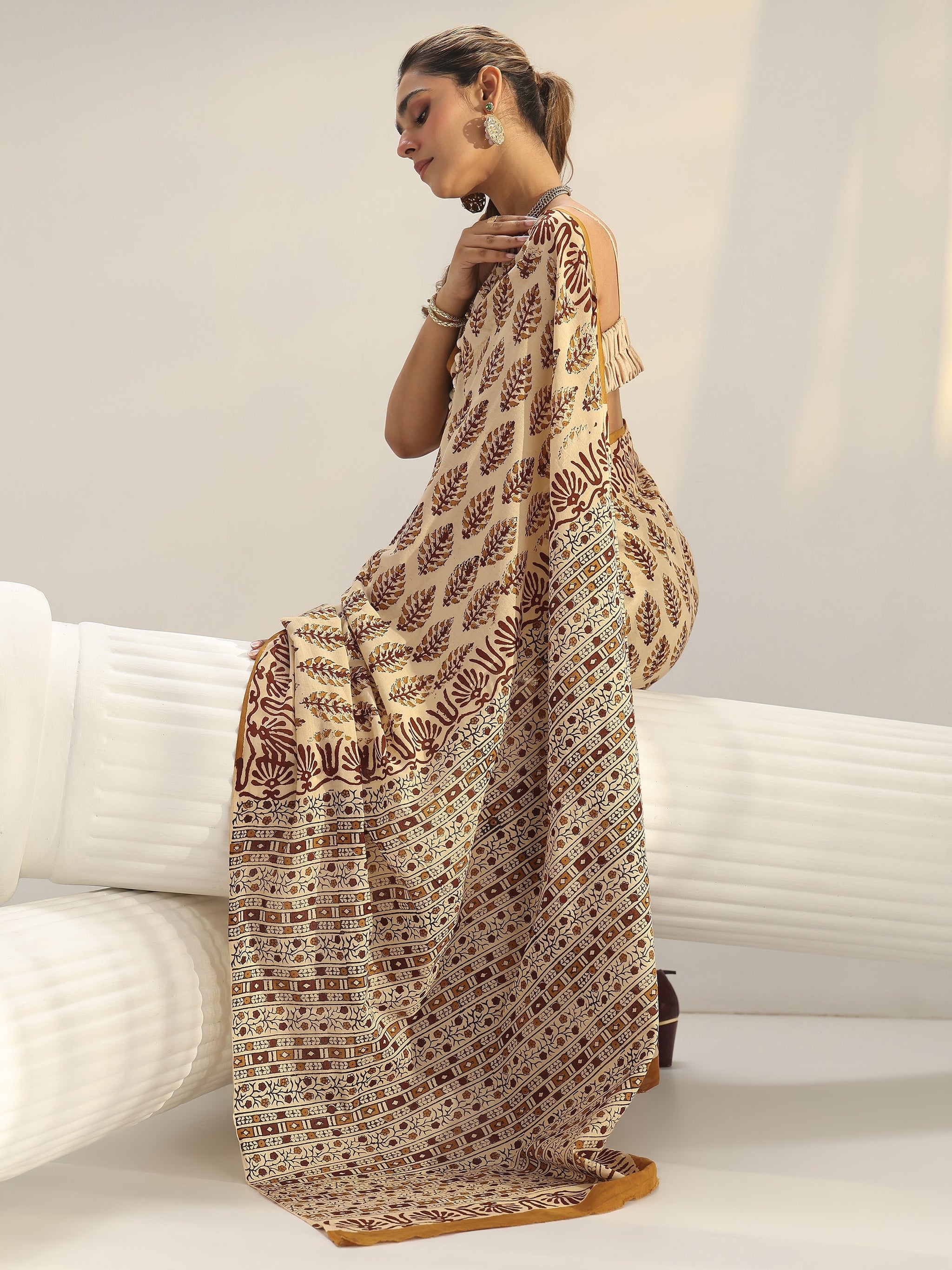 Libas Beige Block Print Cotton Saree