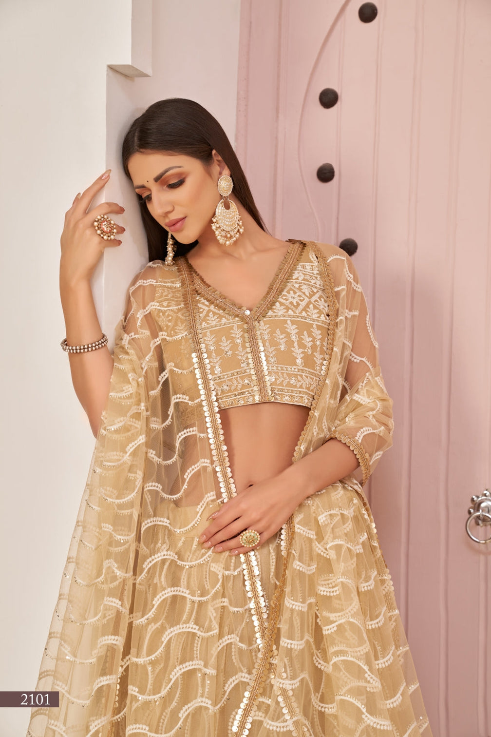 Beige Chiqu Butterfly Net Lehenga with White Cotton Thread, Zari, and Sandwich Sequence Embroidery