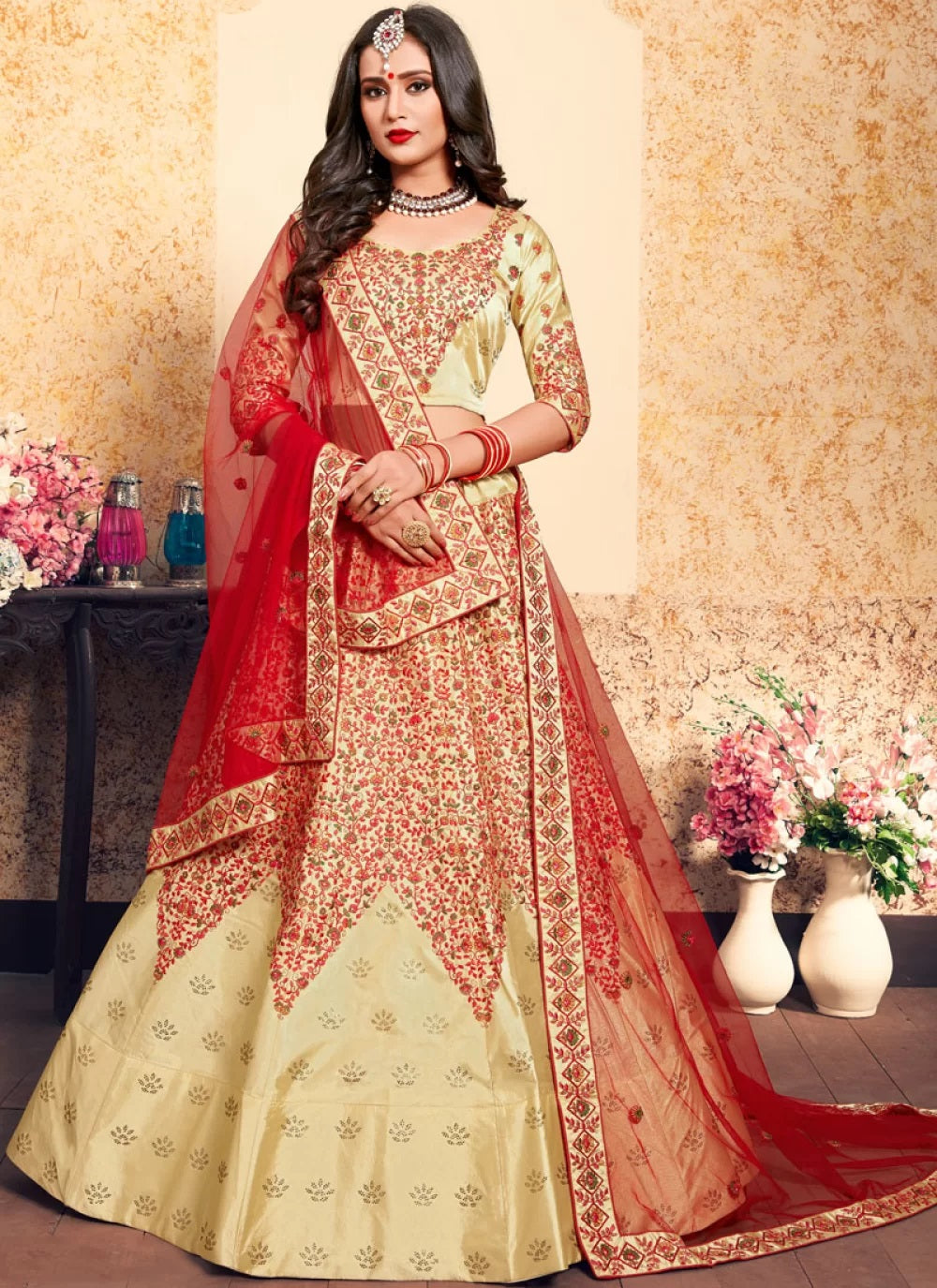 Beige color satin thread work lehenga choli