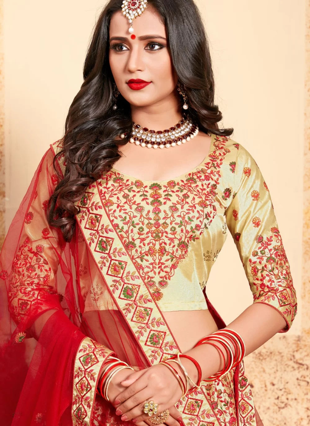 Beige color satin thread work lehenga choli