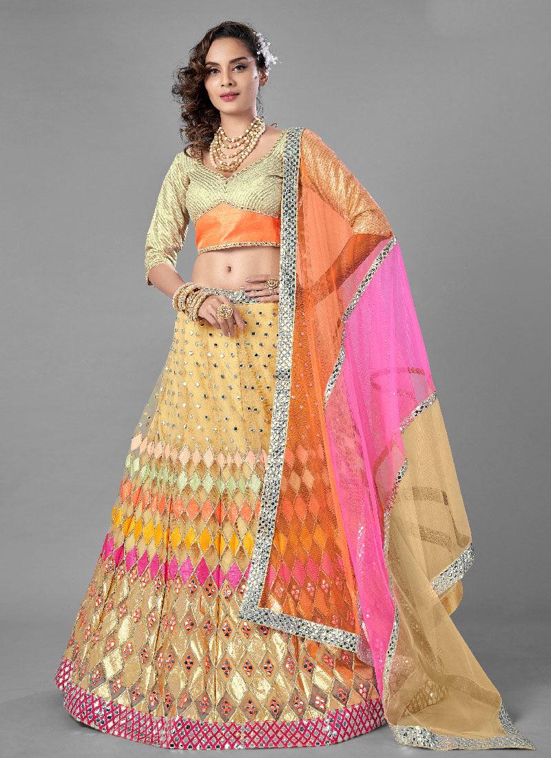 Beige Color Soft Net Base Flared Lehenga With Heavy Work Choli