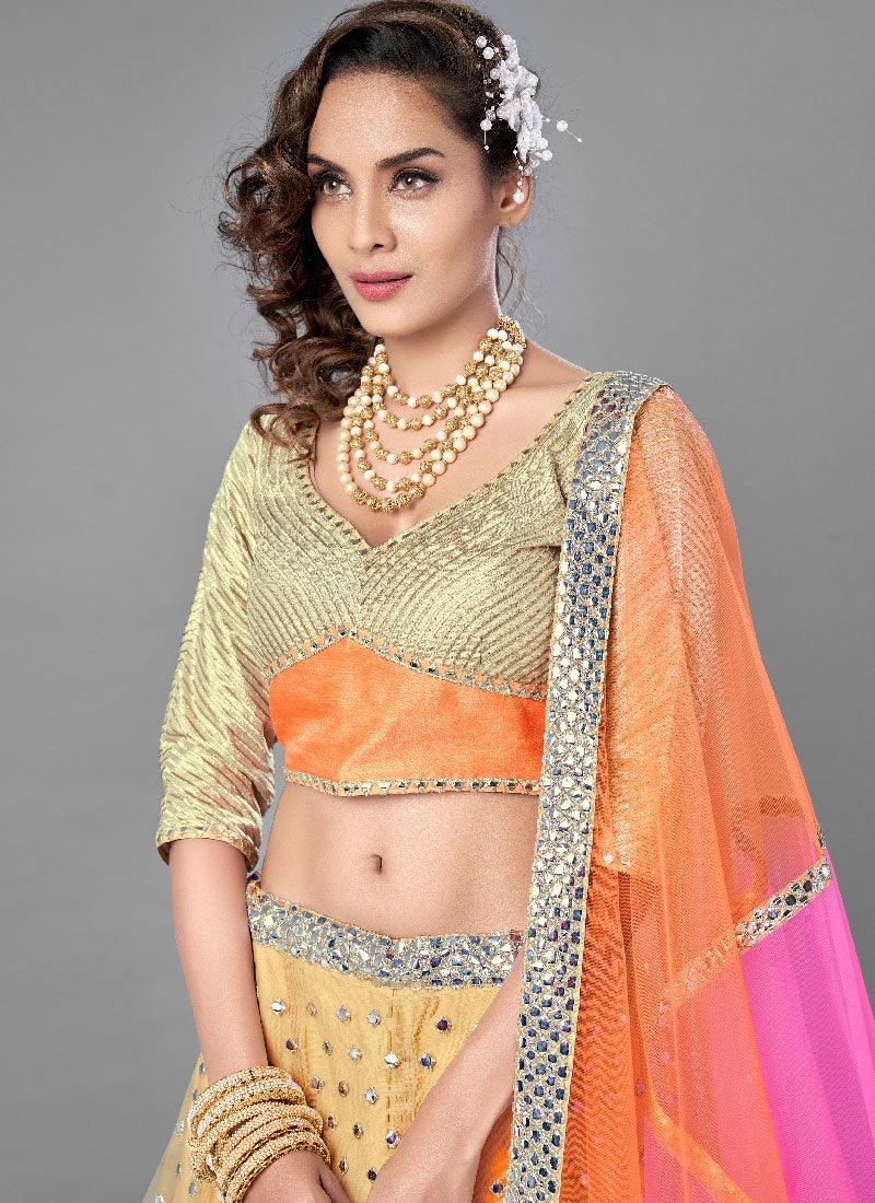 Beige Color Soft Net Base Flared Lehenga With Heavy Work Choli