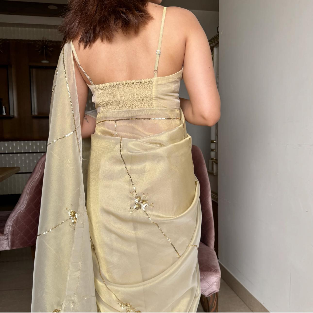 Beige Color Tissue Saree with Exquisite Handwork – Complete with Running Blouse