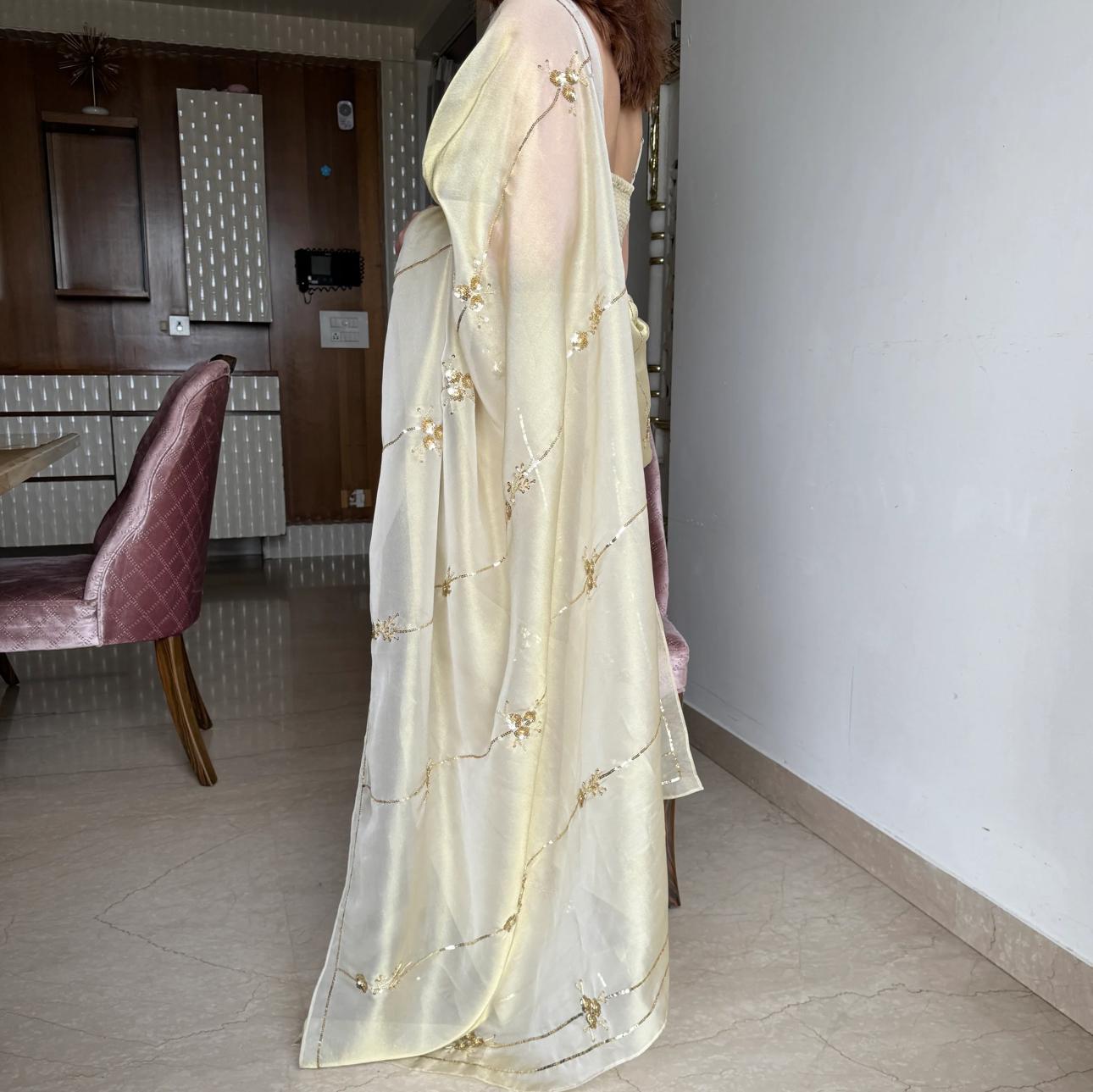 Beige Color Tissue Saree with Exquisite Handwork – Complete with Running Blouse