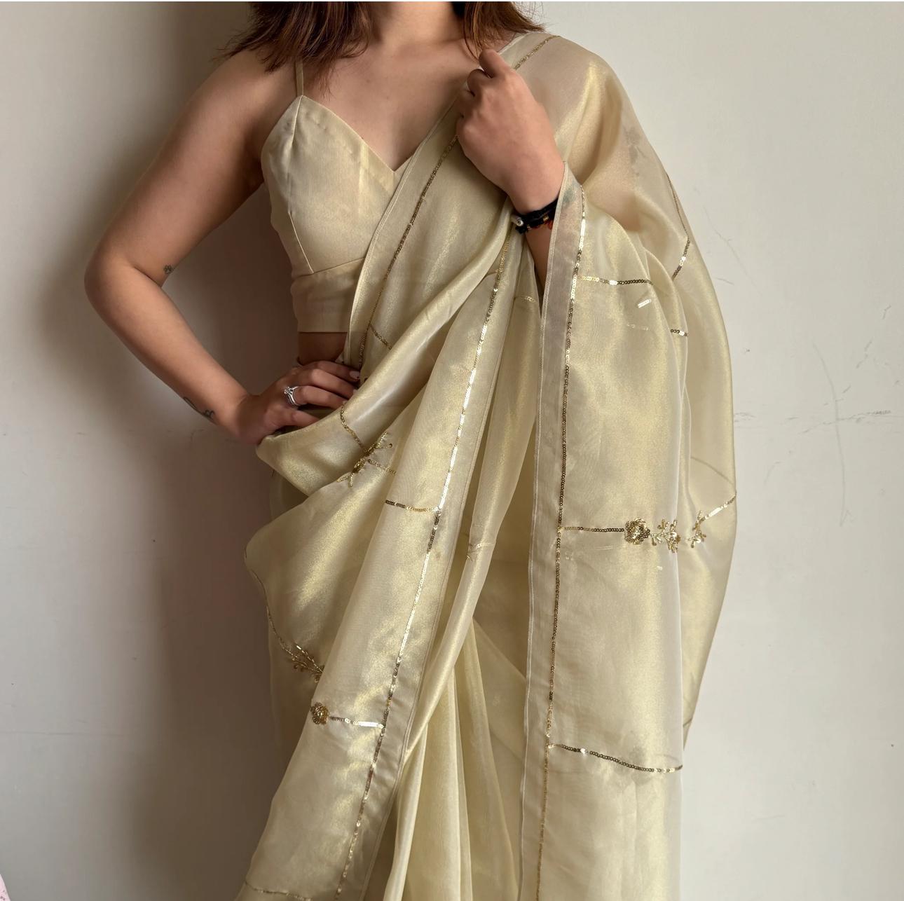 Beige Color Tissue Saree with Exquisite Handwork – Complete with Running Blouse
