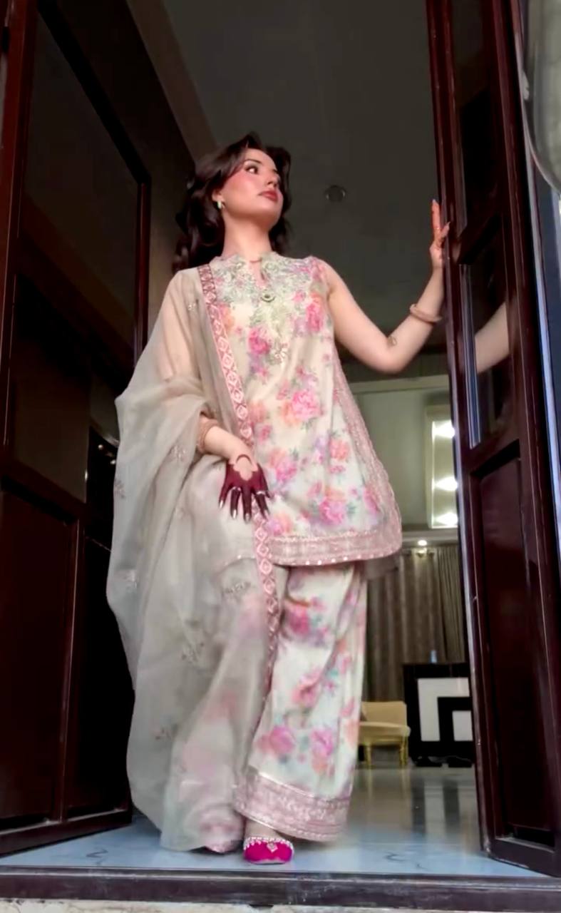 Beige Designer Digital Print Georgette Farshi Plazzo Set with 3mm Sequin Embroidery & Tabby Silk Dupatta