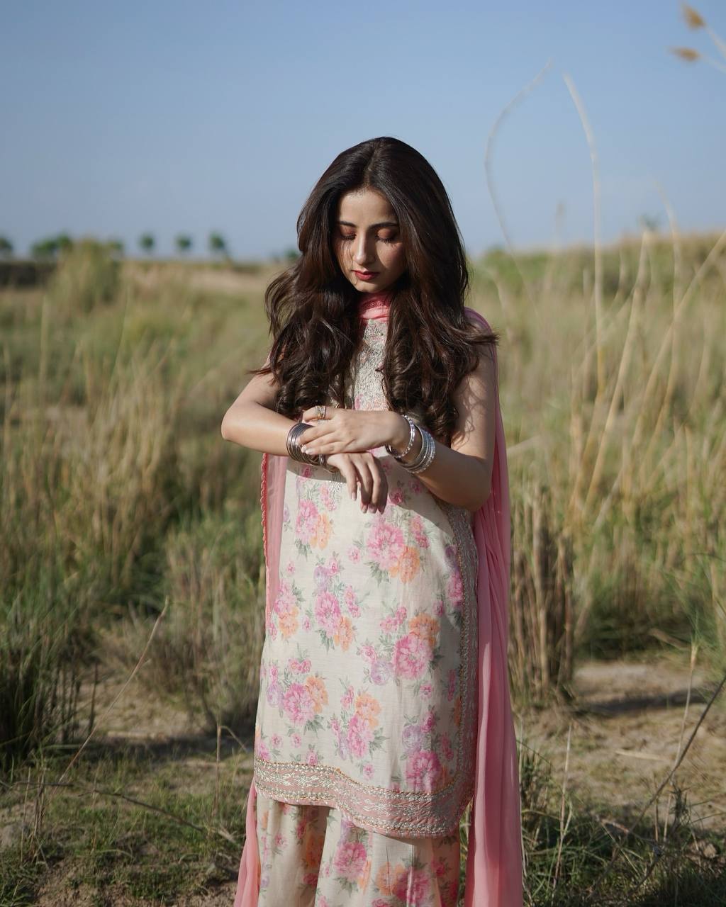 Beige Designer Digital Print Georgette Farshi Plazzo Set with 3mm Sequin Embroidery & Tabby Silk Dupatta