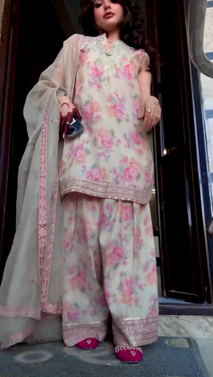 Beige Designer Digital Print Georgette Farshi Plazzo Set with 3mm Sequin Embroidery & Tabby Silk Dupatta