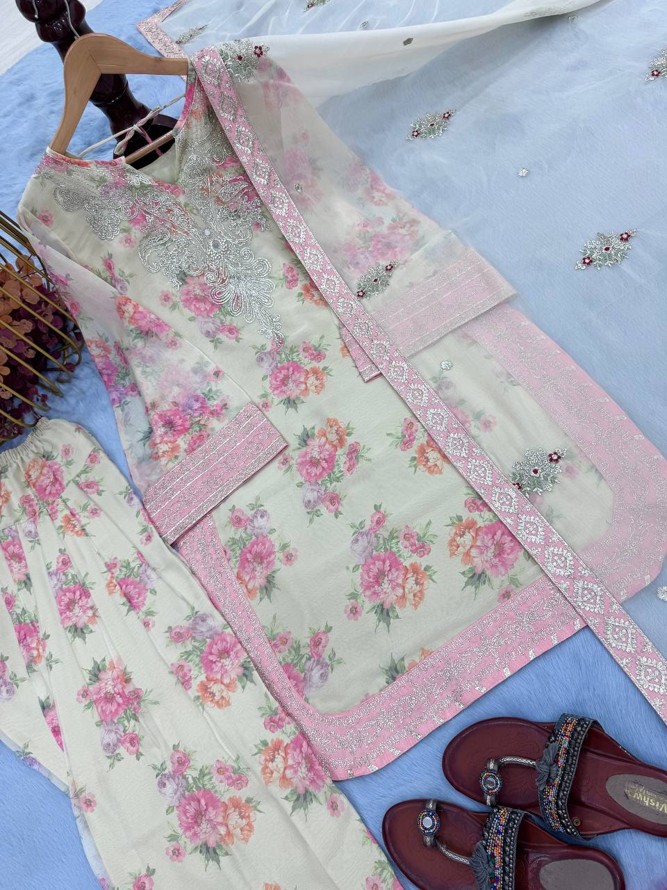 Beige Designer Digital Print Georgette Farshi Plazzo Set with 3mm Sequin Embroidery & Tabby Silk Dupatta
