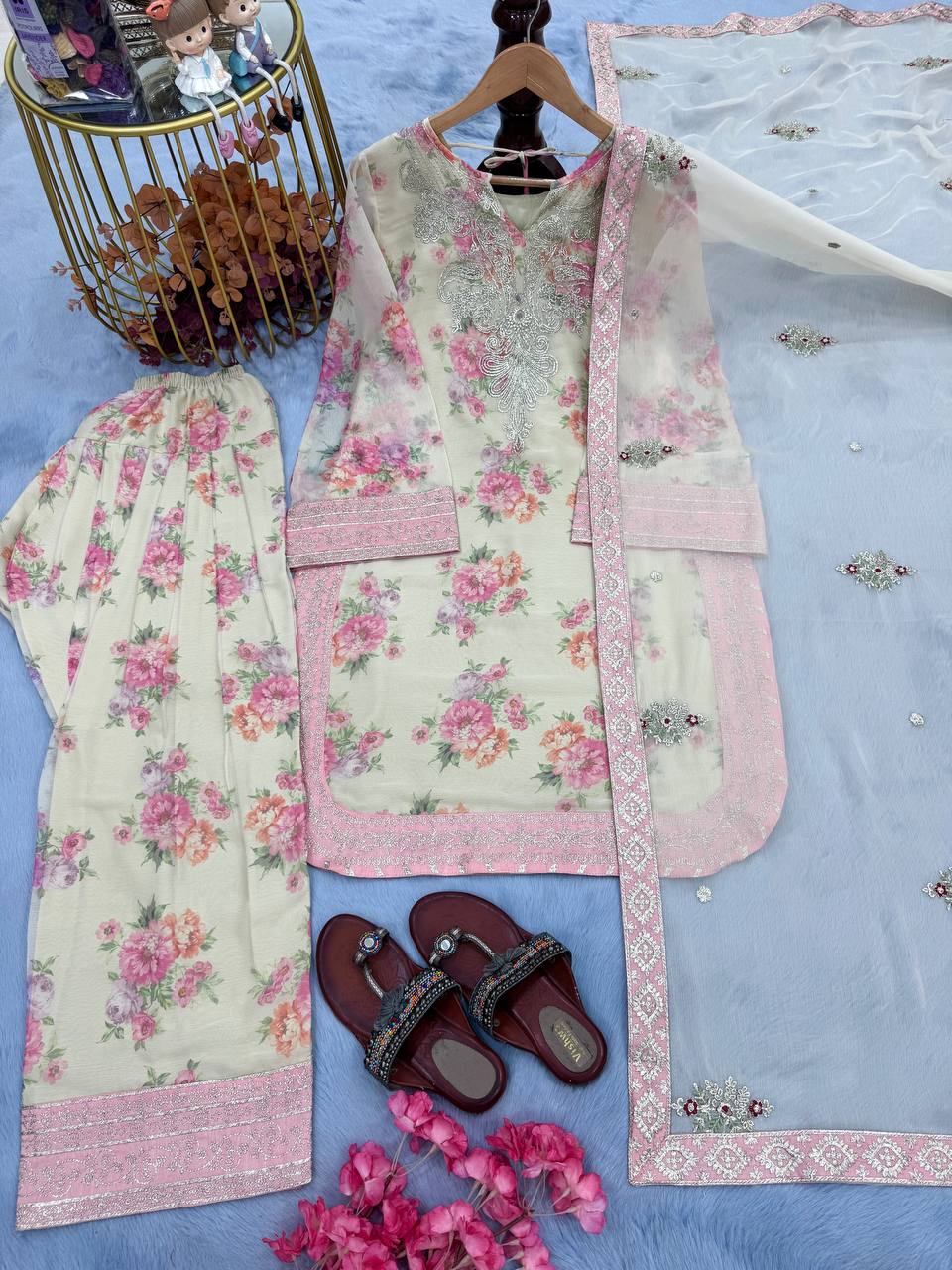 Beige Designer Digital Print Georgette Farshi Plazzo Set with 3mm Sequin Embroidery & Tabby Silk Dupatta