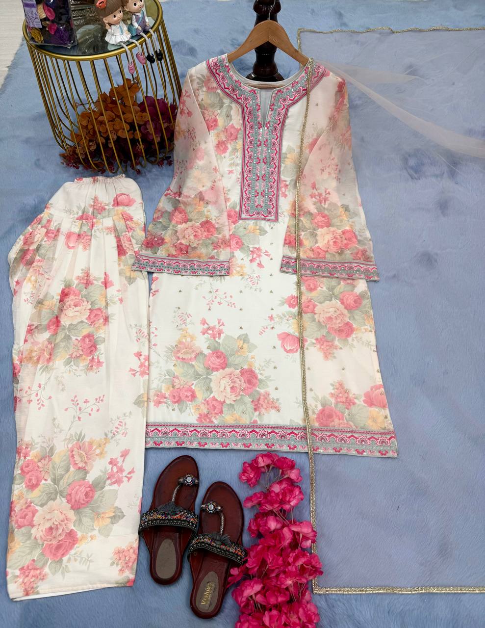 Beige Designer Digital Printed Georgette Suit Set with Farshi Plazzo & Net Dupatta