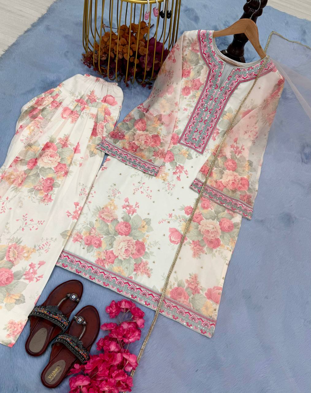 Beige Designer Digital Printed Georgette Suit Set with Farshi Plazzo & Net Dupatta