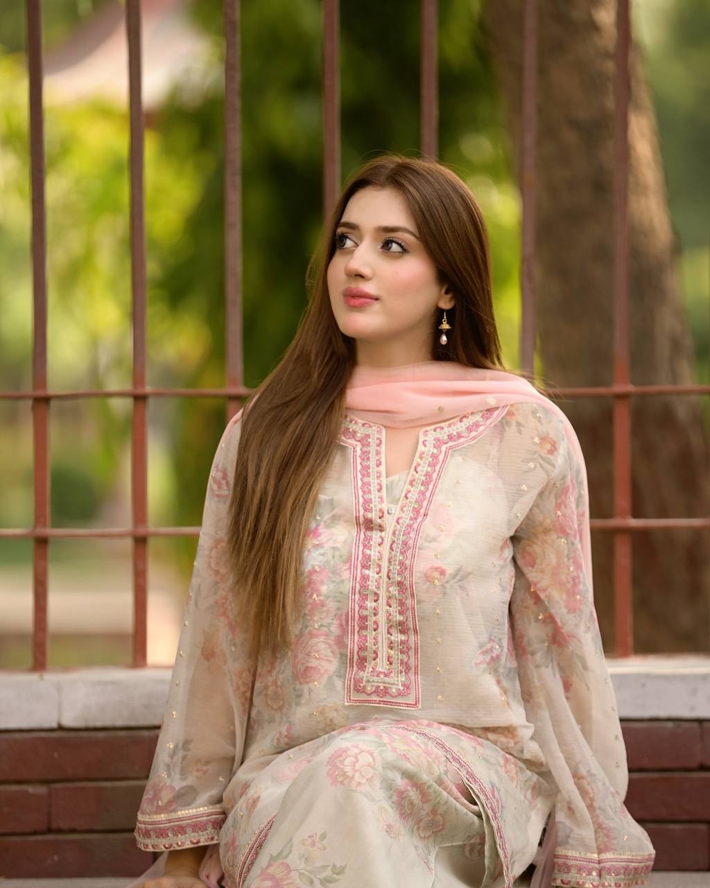 Beige Designer Digital Printed Georgette Suit Set with Farshi Plazzo & Net Dupatta