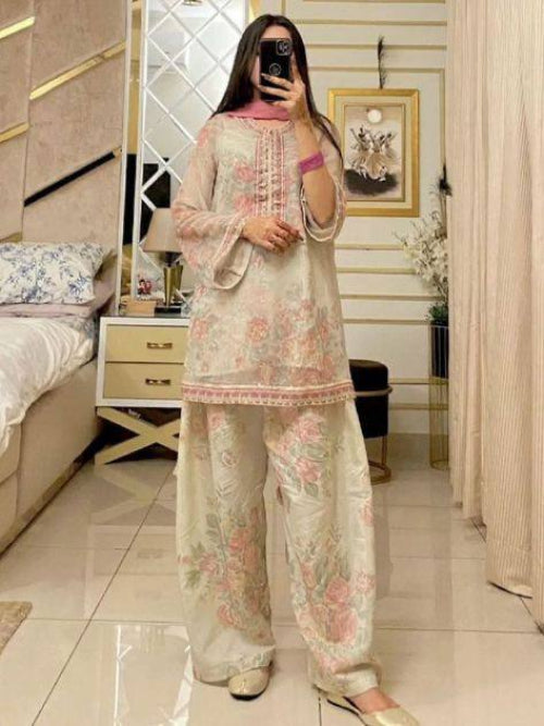 Beige Designer Digital Printed Georgette Suit Set with Farshi Plazzo & Net Dupatta